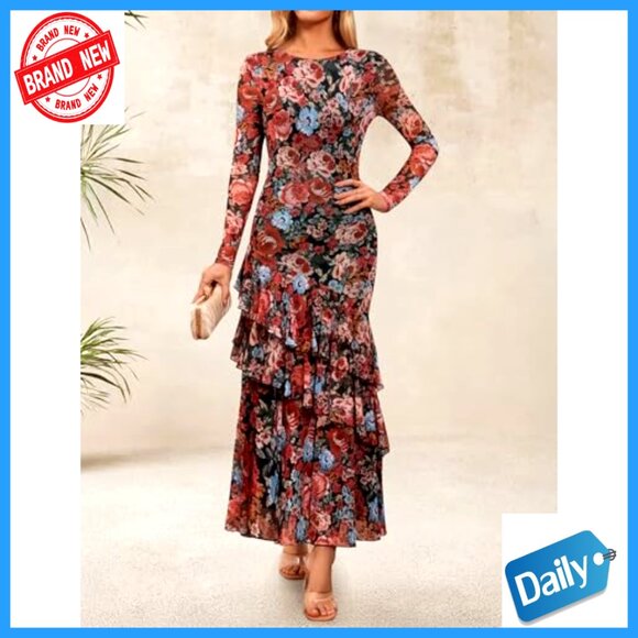 Floral Mermaid Maxi Dress Long Sleeve Mesh Bodycon Formal Wedding Guest - Picture 2 of 7
